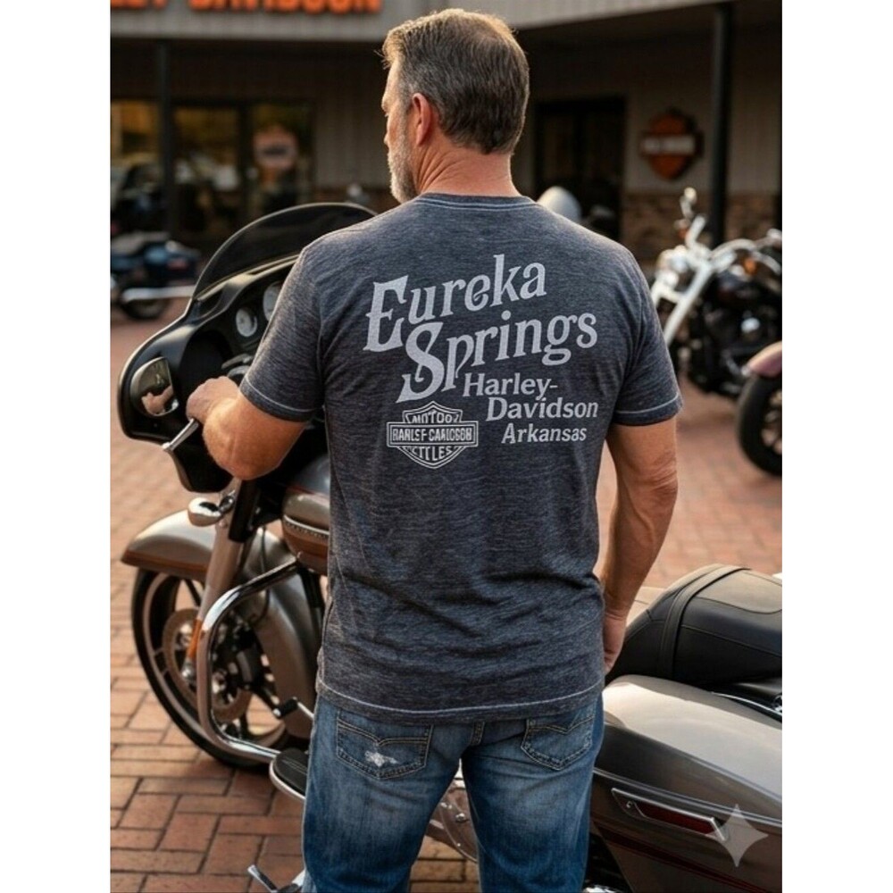 Harley Davidson Eureka Springs Heathered Blue Pocket T Shirt Size XL EUC P2P 23